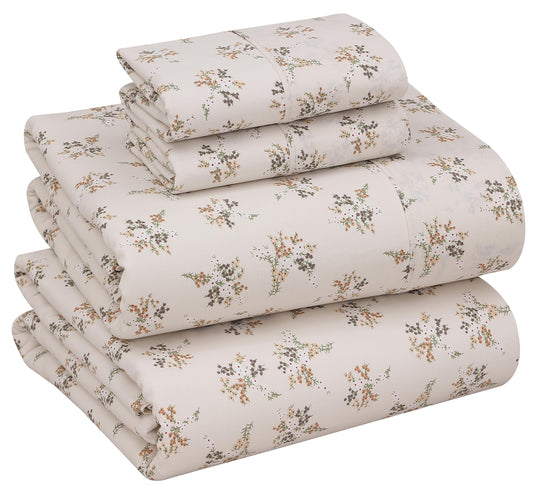 Cotton Sheets for Queen Size Bed - Crispy Cooling Percale Sheets - Breathable & Durable Queen Sheet Set - 16 Inches Deep Pocket Queen Size Sheets - Cream Floral - 4 Pieces